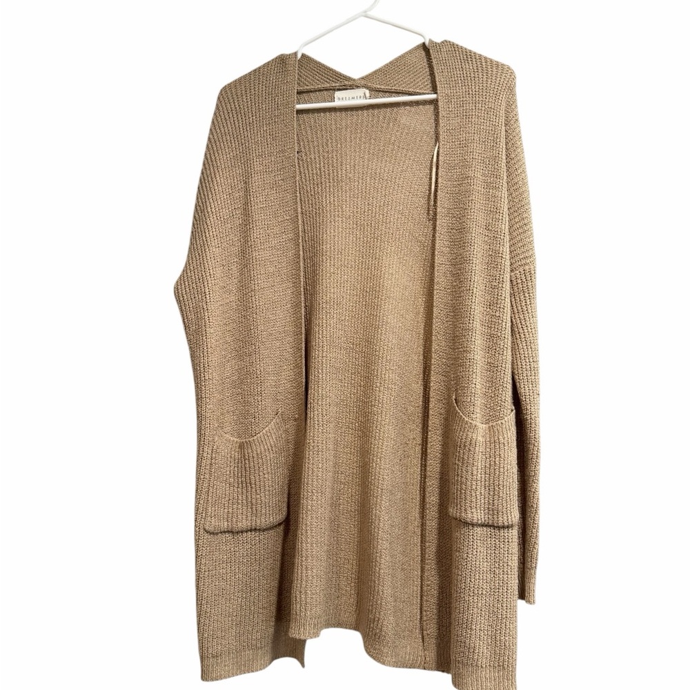 Dreamers Open-Front Hooded Cardigan in Camel Tan. Used. Flaw in pics